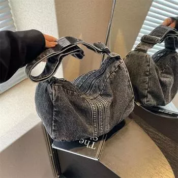 Джинсовая женская сумка городская простая большая вместительная сумка через плечо маленькая квадратная сумка чёрный