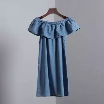 Джинсово-синее платье с оборками с открытыми плечами, юбка из чистого хлопка, пуловер с открытыми плечами, джинсовое, тонкое Denim Blue XL