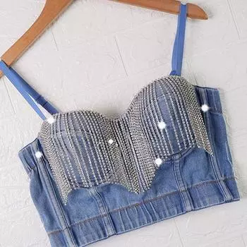 Джинсовое бюстье Speedway с кисточками и бретельками на бретельках на бретельках снаружи с подушечками для бюстгальтера Tide Женский банджи-корсет-бюстье 34B чёрный