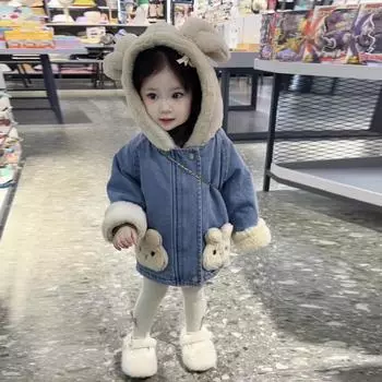 Джинсовое пальто с капюшоном и бархатной подкладкой для девочек на осень/зиму 120 cm