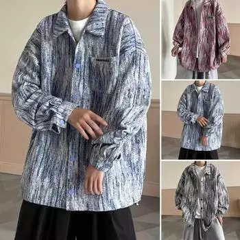 Джинсовое пальто с лацканами, длинными рукавами, нагрудными карманами, узором «тай-дай», рубашка-пиджак XXXL красный