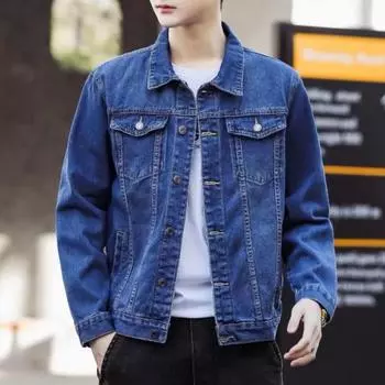 Джинсовое пальто с планкой на пуговицах, теплая, трогательная мужская одежда с отложным воротником, свободная посадка, однотонная джинсовая верхняя одежда для путешествий M синий