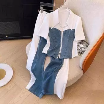 Джинсовое пальто, широкие брюки, комплект из двух предметов, модные женские брюки, весна-осень, женские повседневные спортивные комплекты, большие размеры M белый