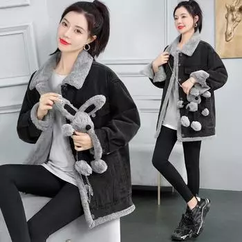 Джинсовое пальто, свободное исполнение, топы из овечьей шерсти, одежда с кукольным флисом, повседневная одежда, черная джинсовая куртка, женщины