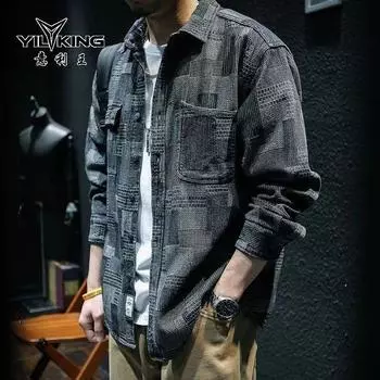 Джинсовое пальто в клетку, мужское брендовое свободное трендовое пальто в клетку, планктонная куртка Shuai 2XL синий