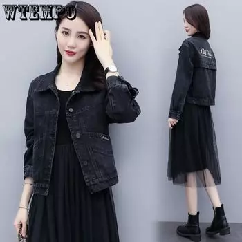 Джинсовое пальто женское джинсовое пальто с отложным воротником однобортные куртки с длинными рукавами свободная повседневная обычная короткая куртка S