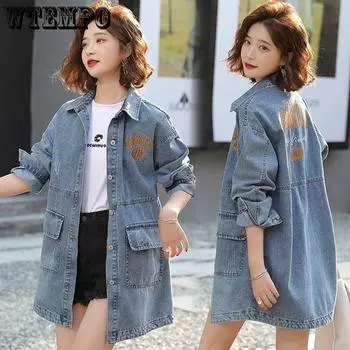 Джинсовое пальто женское, весенне-осеннее, средней длины, свободное, корейская версия, BF, универсальное, иностранное, повседневное, большое M синий