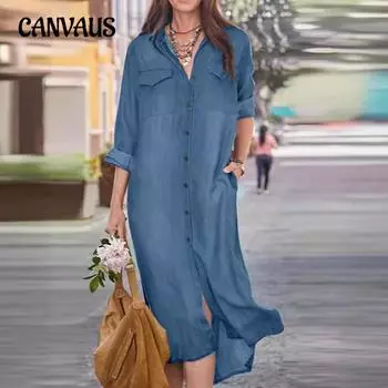 Джинсовое платье больших размеров на весну и осень, джинсовое повседневное платье с воротником-подъюбником, длинное платье