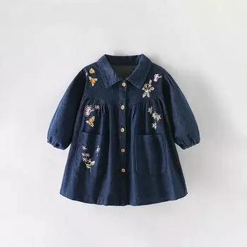 Джинсовое платье для девочек, осень и зима, новое детское платье для маленьких и средних детей, юбка в стиле вестерн с длинными рукавами для маленьких девочек, детская одежда 90cm синий