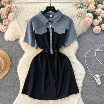 Джинсовое платье из двух частей для весеннего отдыха и отпуска с короткими рукавами в стиле пэчворк и поясом на шнуровке Платье в уличном стиле One Size чёрный/синий