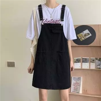 Джинсовое платье на подтяжках больших размеров для женщин, милая однотонная свободная джинсовая юбка с высокой талией на подтяжках, летняя повседневная корейская одежда S чёрный