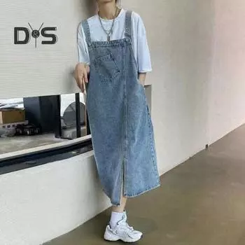 Джинсовое платье на подтяжках Свободное платье без воротника без спинки без рукавов Боковые карманы с разрезом подол Сплошной цвет Регулируемый плечевой ремень Студенческое платье миди L светло-синий