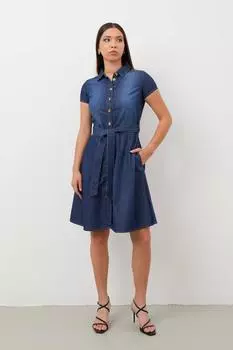 Джинсовое платье на пуговицах с поясом, синее