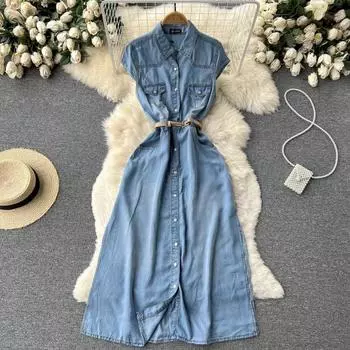 Джинсовое платье RUGOD, новое весеннее женское длинное платье в корейском стиле, облегающее и облегающее темпераментное джинсовое платье M синий