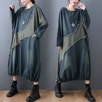 Джинсовое платье с цветными блоками и стыками, женские весенние и осенние свободные платья средней длины с необработанным краем M синий