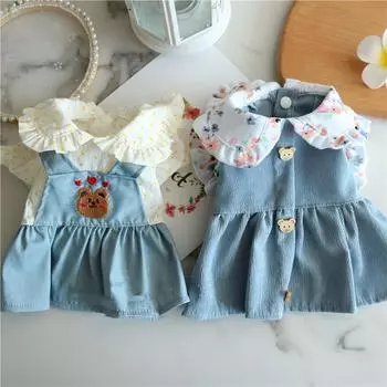 Джинсовое платье с милым медведем и собакой, летняя весенняя джинсовая куртка для домашних животных с юбкой, одежда для щенков и кошек, одежда для померанского шпица ши XS белый