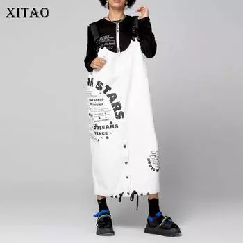 Джинсовое платье с подтяжками и буквенным принтом XITAO GWJ2836