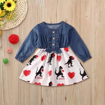 Джинсовое платье с принтом динозавра для маленьких девочек, наряды принцессы на день Святого Валентина 110 синий