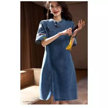 Джинсовое платье с пряжкой Temperament, женская весенняя новинка, юбка с короткими рукавами, новая китайская женская одежда больших размеров M джинсовый синий