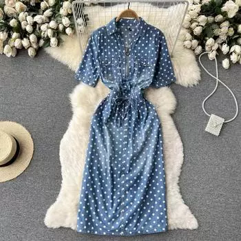 Джинсовое платье с волнистыми точками, повседневное, лето 2022, новое женственное европейское модное длинное платье в скандинавском стиле M синий