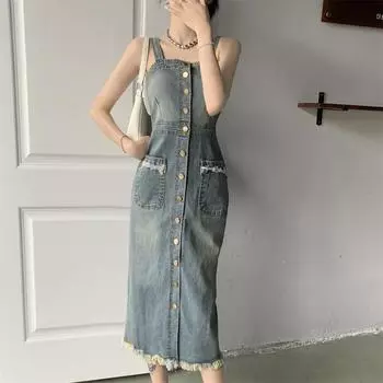 Джинсовое платье женское летнее ретро повседневное универсальное джинсовое платье-комбинация женские однобортные длинные платья S