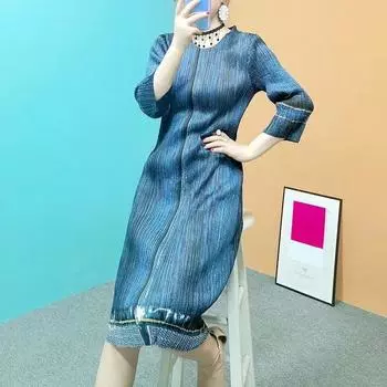 Джинсовое плиссированное платье с принтом, женское летнее новое элитное эластичное платье с круглым вырезом и рукавами три четверти, женское эластичное платье с круглым вырезом M синий
