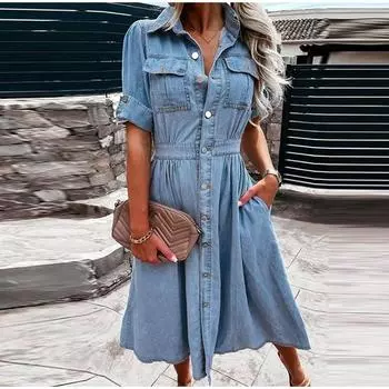 Джинсовое синее длинное платье Y2k, летние свободные платья для женщин, повседневные платья с высокой талией и V-образным вырезом, элегантное макси-платье для работы 2025 года, весна-лето, однотонное платье S синий