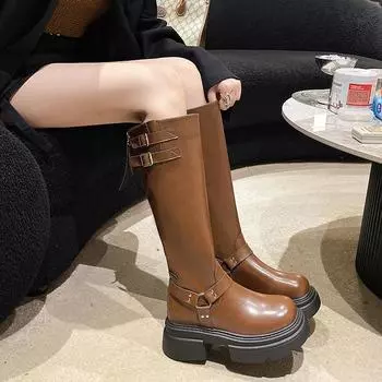 Джинсовые ботинки для женщин Мотоциклетные ботинки Ретро коричневые с пряжкой на ремне Круглые высокие женские ботинки Женские ботинки на платформе Обувь для женщин 35