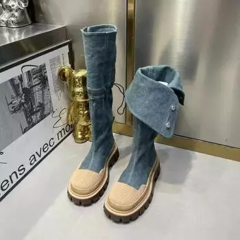 Джинсовые ботинки на массивной платформе для женщин, осень 2024, лоскутные ковбойские сапоги в западном стиле, женские ботинки до середины икры на толстом каблуке 35 светло-синий