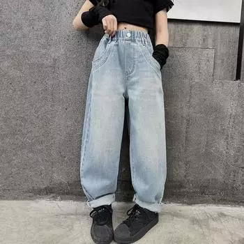 Джинсовые брюки для девочек, широкие джинсы, весенние и осенние, модные, стильные, детские, свободные, карманы, утягивающие, прямые брюки 170 синий