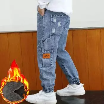 Джинсовые брюки для мальчиков, леггинсы для детей больших размеров, а также повседневные брюки из бархата для детей 110 чёрный