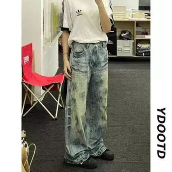 Джинсовые брюки High Street для мужчин, ретро-состаренные, свободные прямые брюки, спортивные брюки с широкими штанинами, модные S синий