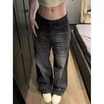 Джинсовые брюки High Street для мужчин, ретро-состаренные, свободные прямые брюки, спортивные брюки с широкими штанинами, модные S