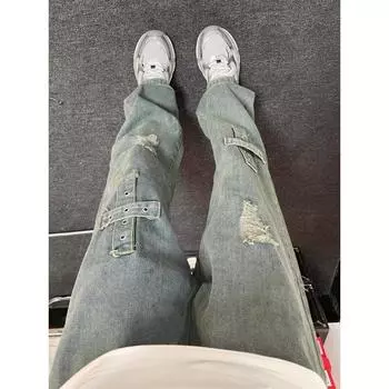 Джинсовые брюки High Street для мужчин, ретро-состаренные, свободные прямые брюки, спортивные брюки с широкими штанинами, модные S чёрный