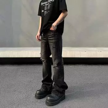 Джинсовые брюки High Street для мужчин, ретро-состаренные, свободные прямые брюки, спортивные брюки с широкими штанинами, модные S чёрный