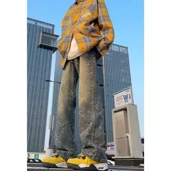 Джинсовые брюки High Street для мужчин, ретро-состаренные, свободные прямые брюки, спортивные брюки с широкими штанинами, модные S темно-синий