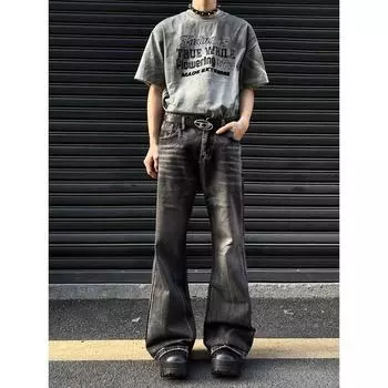 Джинсовые брюки High Street для мужчин, ретро-состаренные, свободные прямые брюки, спортивные брюки с широкими штанинами, модные S чёрный