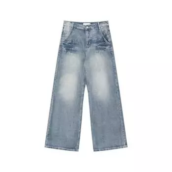 Джинсовые брюки High Street для мужчин, ретро-состаренные, свободные прямые брюки, спортивные брюки с широкими штанинами, модные S синий