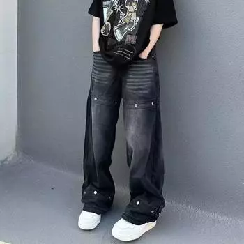 Джинсовые брюки High Street для мужчин, ретро-состаренные, свободные прямые брюки, спортивные брюки с широкими штанинами, модные S