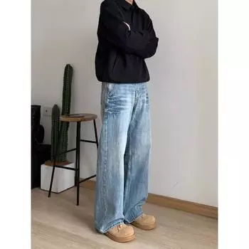 Джинсовые брюки High Street для мужчин, ретро-состаренные, свободные прямые брюки, спортивные брюки с широкими штанинами, модные S синий