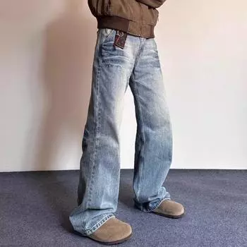 Джинсовые брюки High Street для мужчин, ретро-состаренные, свободные прямые брюки, спортивные брюки с широкими штанинами, модные S синий