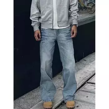 Джинсовые брюки High Street для мужчин, ретро-состаренные, свободные прямые брюки, спортивные брюки с широкими штанинами, модные S синий