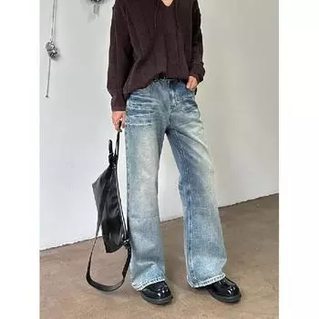 Джинсовые брюки High Street для мужчин, ретро-состаренные, свободные прямые брюки, спортивные брюки с широкими штанинами, модные S синий