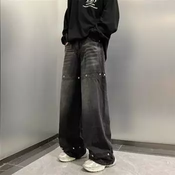 Джинсовые брюки High Street для мужчин, ретро-состаренные, свободные прямые брюки, спортивные брюки с широкими штанинами, модные S