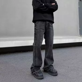 Джинсовые брюки High Street для мужчин, ретро-состаренные, свободные прямые брюки, спортивные брюки с широкими штанинами, модные S чёрный