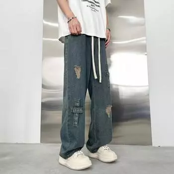 Джинсовые брюки High Street для мужчин, ретро-состаренные, свободные прямые брюки, спортивные брюки с широкими штанинами, модные S чёрный
