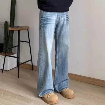 Джинсовые брюки High Street для мужчин, ретро-состаренные, свободные прямые брюки, спортивные брюки с широкими штанинами, модные S синий