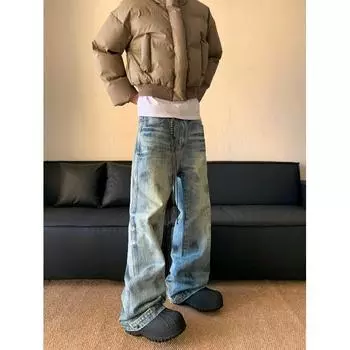 Джинсовые брюки High Street для мужчин, ретро-состаренные, свободные прямые брюки, спортивные брюки с широкими штанинами, модные S синий