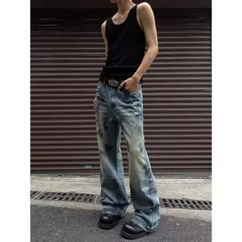 Джинсовые брюки High Street для мужчин, ретро-состаренные, свободные прямые брюки, спортивные брюки с широкими штанинами, модные S синий