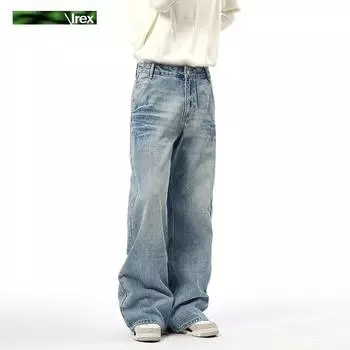 Джинсовые брюки High Street для мужчин, ретро-состаренные, свободные прямые брюки, спортивные брюки с широкими штанинами, модные S синий